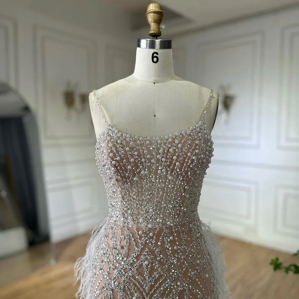 Zapdress White Nude Spaghetti Strap Feathers Beaded Mermaid Evening Dress Party Gown for Women DLA72823 Customized (ZD17377)