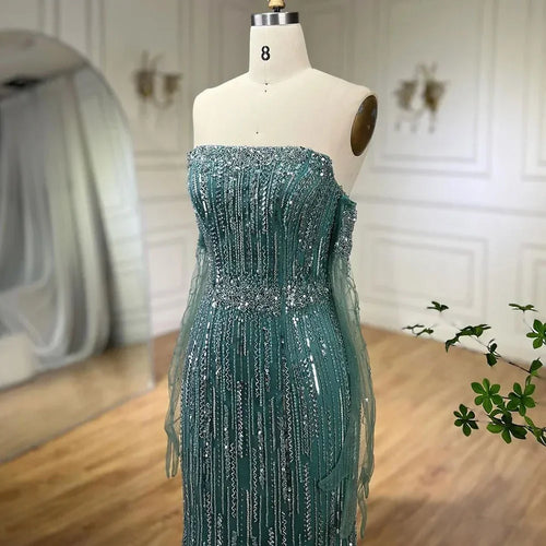 Zapdress Turquoise Strapless Mermaid Beaded Evening Party Dresses Gowns with Gloves Customized (ZD17249)
