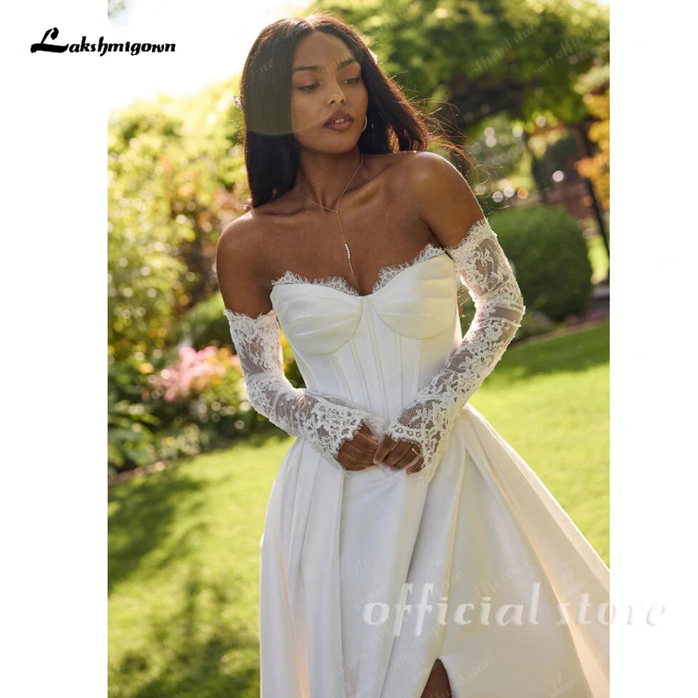ZapDress A Line Satin Wedding Dress 2026 New Off the Shoulder Lace Long Sleeves Wedding Gown Corset Bridal Dress Customized
