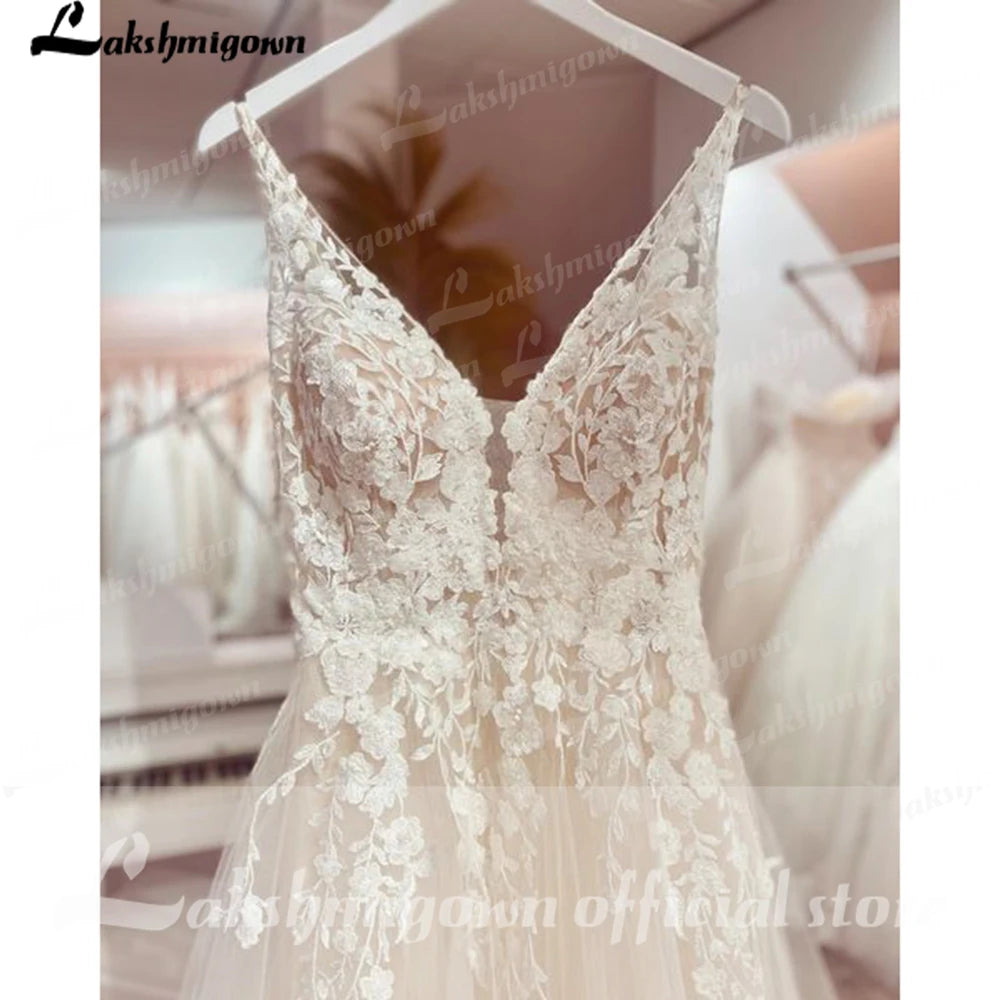 ZapDress V neck Tulle Boho Wedding Dresses Customized Lace Appliques A Line Bridal Gown Sukienka Open Back Wedding Gowns