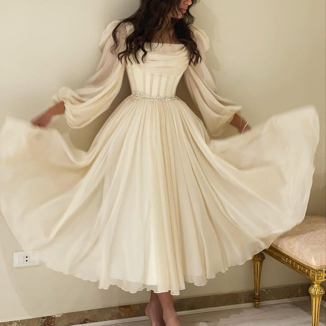 Beige Short Midi Arabic Evening Dress with Belt Long Sleeve Tea Length Women Formal Wedding Party Gowns Y4847 Hover Image