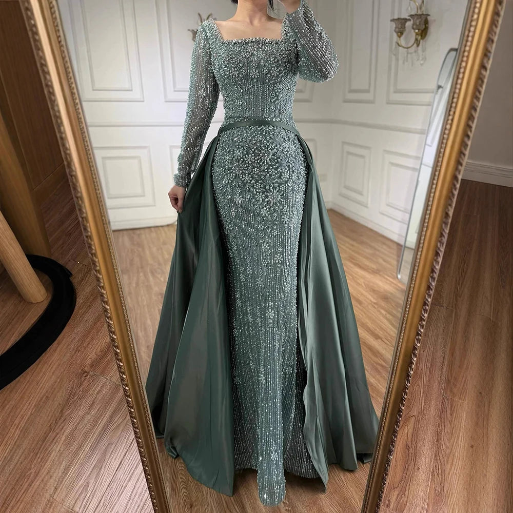 Serene Hill Turquoise Square Collar Mermaid Beaded Evening Dress Overskirt Party Gowns with Long Sleeves Customized DLA72533A