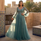 Zapdress Customized Navy Long Sleeves A-Line Beaded Arabic Evening Dresses Gowns 2024 For Women Wedding Party (ZD17328)