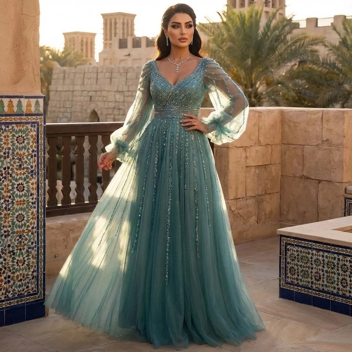 Zapdress Customized Navy Long Sleeves A-Line Beaded Arabic Evening Dresses Gowns 2024 For Women Wedding Party (ZD17328)