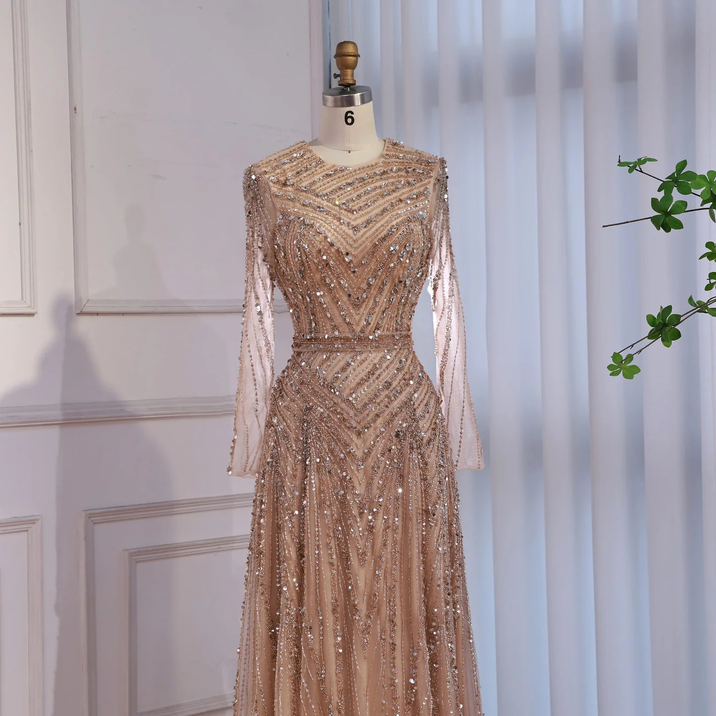 Zapdress Nude Crew Neck A-line Long Sleeves Evening Dress Beaded Wedding Party Gowns for Women 2026 Customized (ZD17382)
