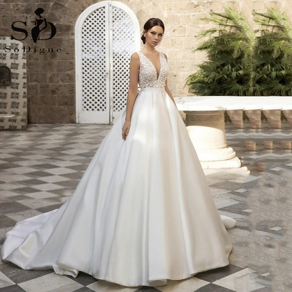 SoDigne Country Wedding Dresses A-line Wedding Gown V-Neck Bride Dress Appliques Satin Bridal Gown Vestido De Novia Customized