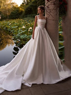 Smileven Spaghetti Strap Satin Wedding Dress A Line Bride Gown Boat Neck Princess Vestido De Novia Wedding Gowns Customized