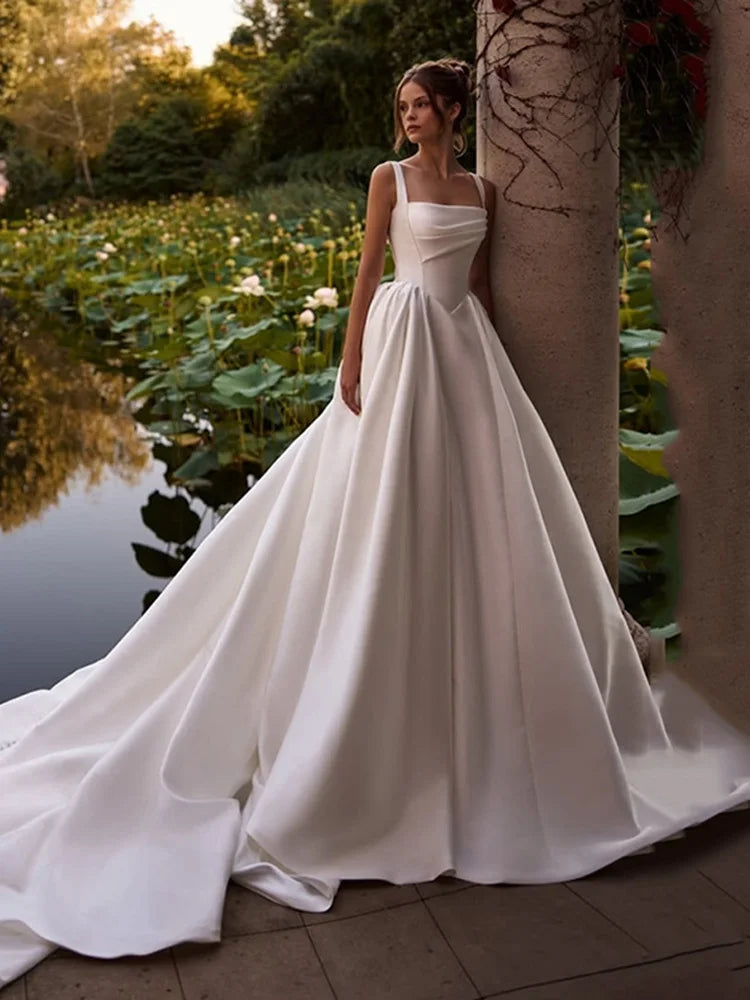 Smileven Spaghetti Strap Satin Wedding Dress A Line Bride Gown Boat Neck Princess Vestido De Novia Wedding Gowns Customized
