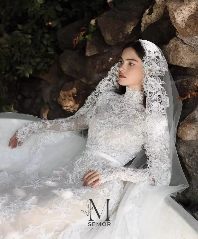 Semor Exquisite Lace High Neck Full Sleeve Wedding Dress Customized 2026 Trumpet Lace Applique Long Robe De Mariée Sweep Train