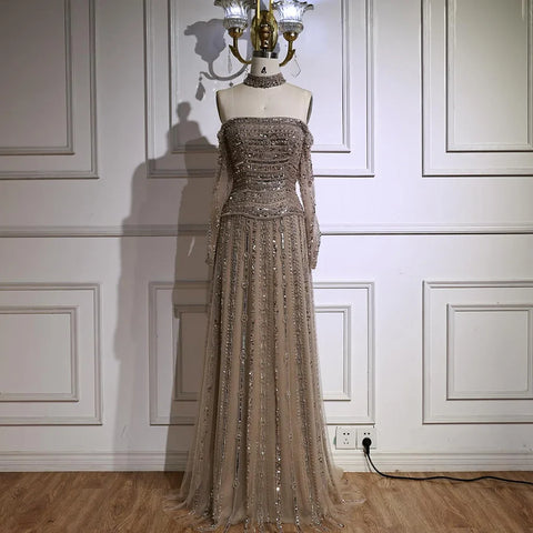 Luxury Caramel Off Shoulder Beaded Mermaid Evening Dress Long Sleeves LA73053