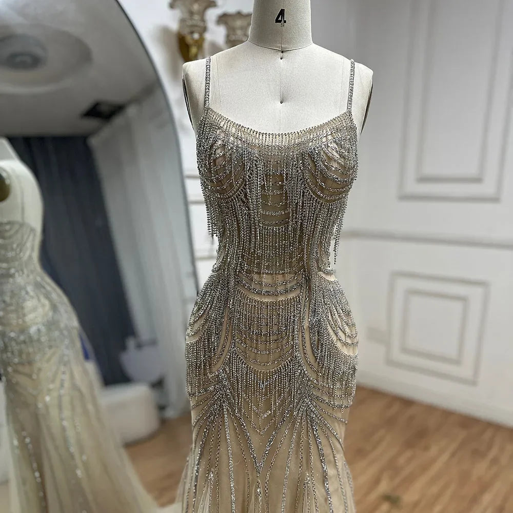 Zapdress 2025 Elegant Silver Nude Spaghetti Strap Mermaid Evening Dress with Beaded Tassels for Party DLA72772 Customized (ZD17325)