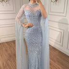 Serene Hill Customized Turquoise Beaded Mermaid Evening Dress with Cape Sleeves 2026 Formal Party Gowns for Women DLA72714AA