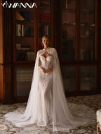 Luxury Sparkling Beaded Lace Wedding Dress With Cape Elegant Mermaid Long Bridal Gown Customized Illusion Dresses For Bride