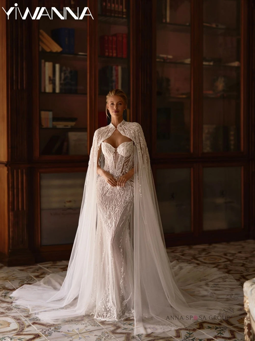Luxury Sparkling Beaded Lace Wedding Dress With Cape Elegant Mermaid Long Bridal Gown Customized Illusion Dresses For Bride