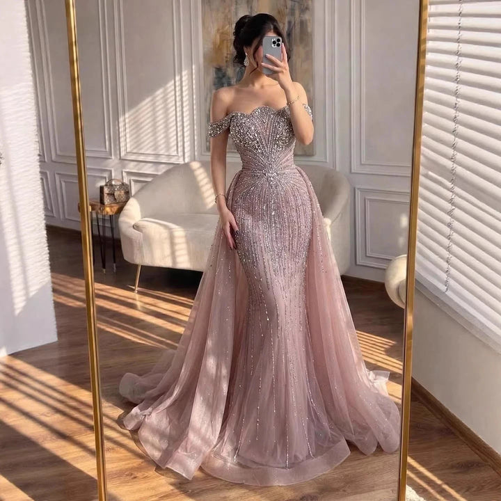 Serene Hill Green Mermaid Beaded Evening Party Gown 2026 Elegant Off-Shoulder Runway Dress with Overskirt Customized DLA73392