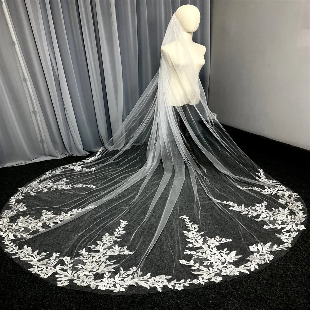 Real Photos Long Lace Appliques Wedding Veil White Ivory Cathedral 1 Layer Bridal Veil 3Meters Bride Veil