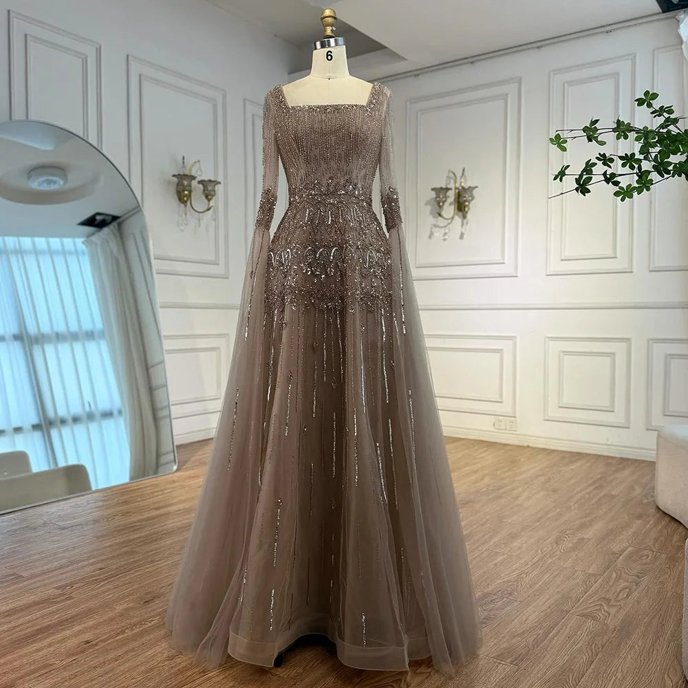 Serene Hill 2026 Customized Caramel Beaded A-Line Evening Dress with Cape Sleeves Formal Party Gowns for Women DLA73089