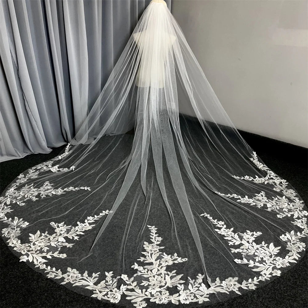 Real Photos Long Lace Appliques Wedding Veil White Ivory Cathedral 1 Layer Bridal Veil 3Meters Bride Veil