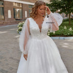 ZapDress Plus Size Long Wedding Dress Puff Sleeves V Neck Sweep Train A Line Tulle Robe De Mariage Bridal Dress Customized