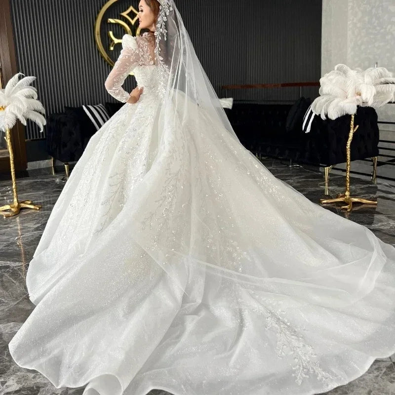 Customized Gorgeous Square Collar Princess Wedding Dress Sparkling Beads Palace Training Long Sleeve Bridal Ball Dress