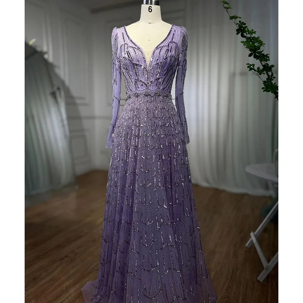 Zapdress Customized Turquoise Muslim Long Sleeve A Line V-Neck Evening Dresses Beaded Party Gowns For Women 2025 (ZD17333)