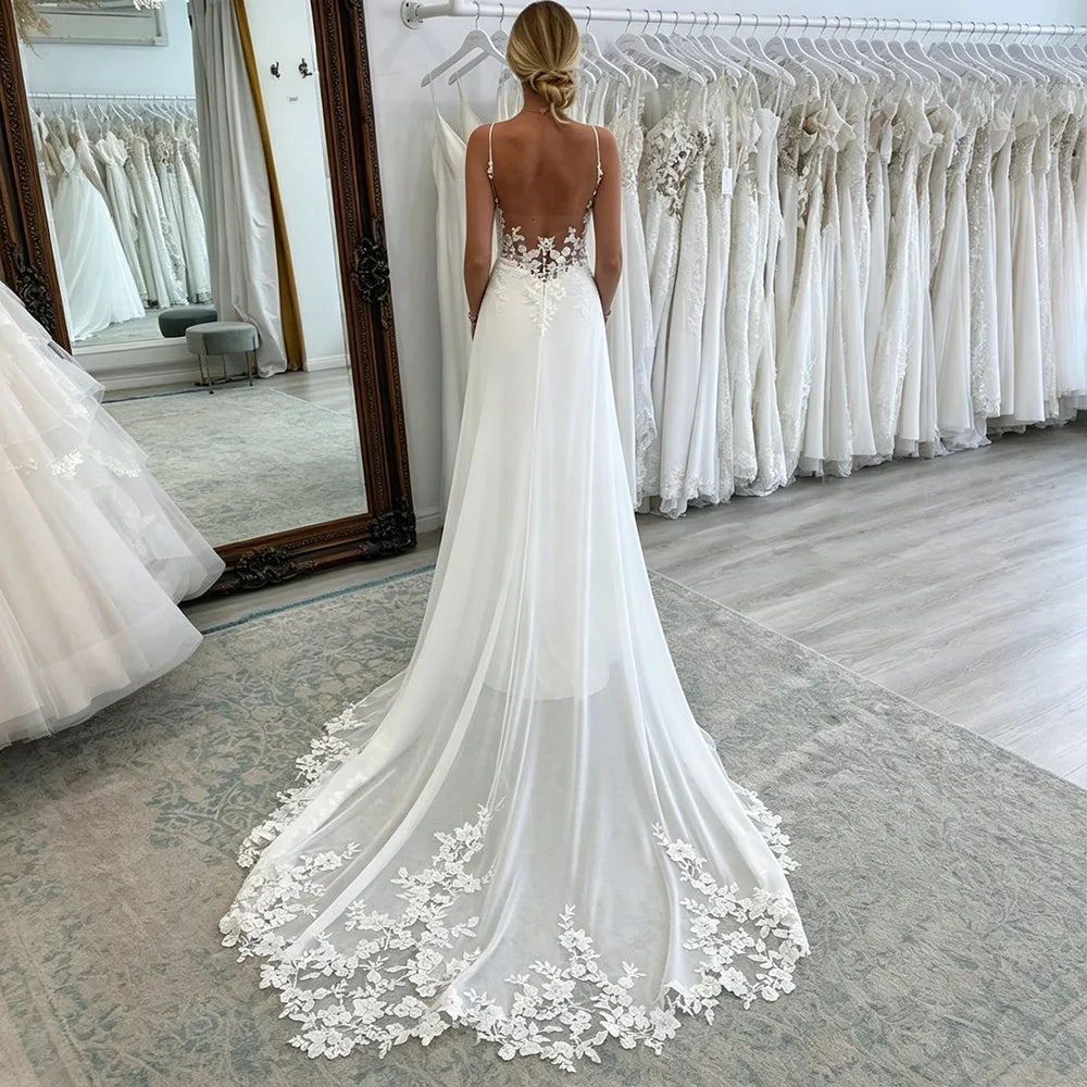 Women's Spaghetti Straps Deep V Backless Wedding Dresses Lace Appliques Chiffon Bridal Gown with Train Elegant Boho Bride Dress