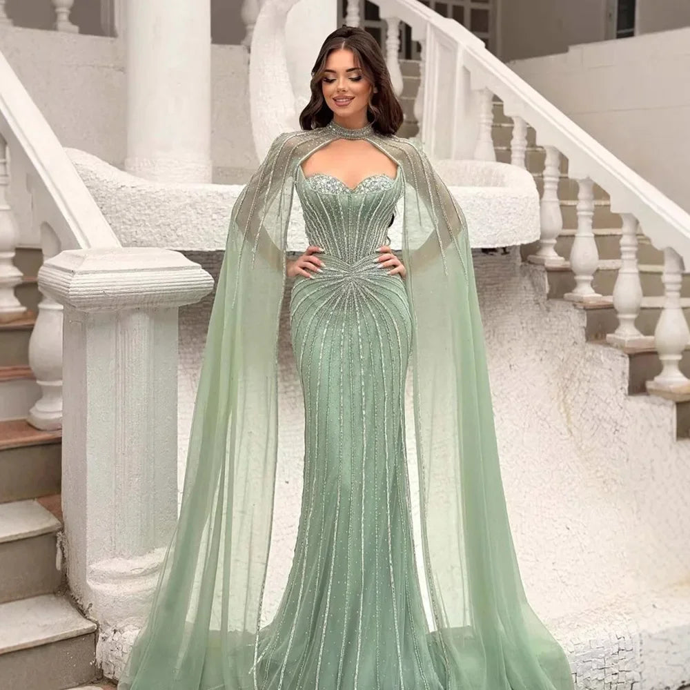 Luxury Nude Elegant Evening Gown Beaded Dress with Cape Sleeves for Formal Party Wear Serene Hill DLA72811A Customized