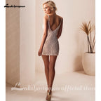 ZapDress Beadings Short Wedding Dress for Woman V-Neck Above Knee Bridal Gown Vestido De Casamento Customized