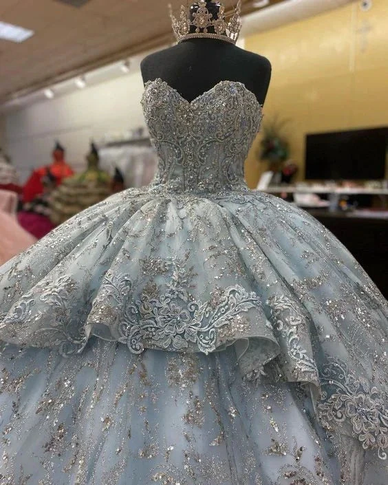 Handmade Smoke Blue Flowers Quinceanera Dress Sleeveless Appliques Ball Gown Sweet 16 Dress Y6294 by simplepromdress