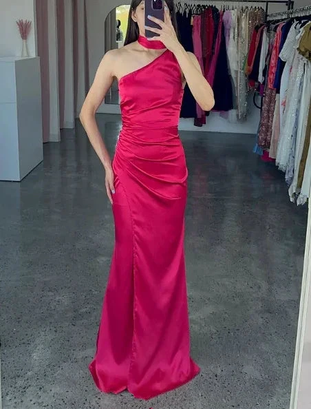 Elegant One Shoulder Hot Pink Satin Sheath Prom Dress Long Evening Dress Y8419 by simplepromdress