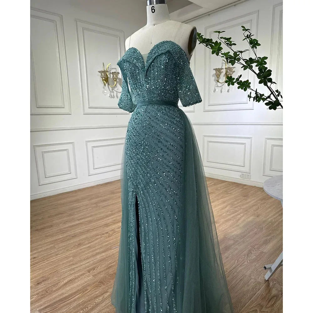 Zapdress Customized Turquoise Off Shoulder Mermaid Beaded Evening Dresses Overskirt Split Party Gowns for Women rts (ZD17345)