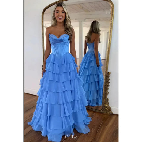 Vestido de fiesta Cathy sin tirantes, con volantes escalonados, corte A, corte A, abertura lateral, de gasa, personalizado, con cremallera en la espalda 