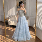 Zapdress Blue A-Line Evening Dress Beaded 3D Floral Appliques Off Shoulder for Women Wedding Party 2026 Customized (ZD17387)