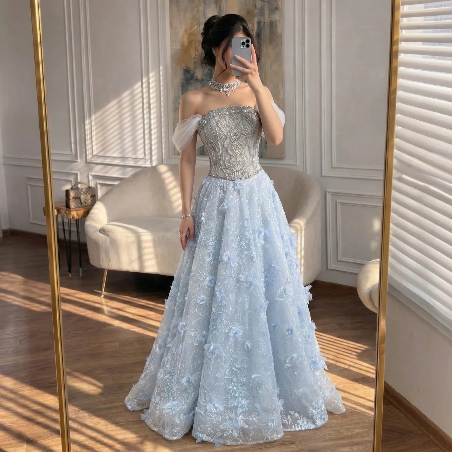 Zapdress Blue A-Line Evening Dress Beaded 3D Floral Appliques Off Shoulder for Women Wedding Party 2026 Customized (ZD17387)
