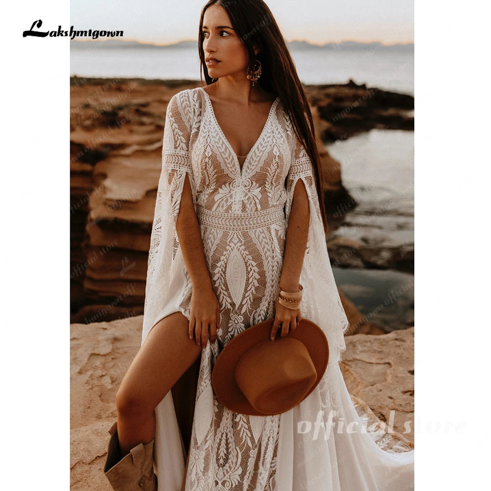 Lakshmigown Bohemian Wedding Dress Split V-Neck Customized Bell Sleeve Backless A-line Chiffon Lace Bridal Wedding Dress