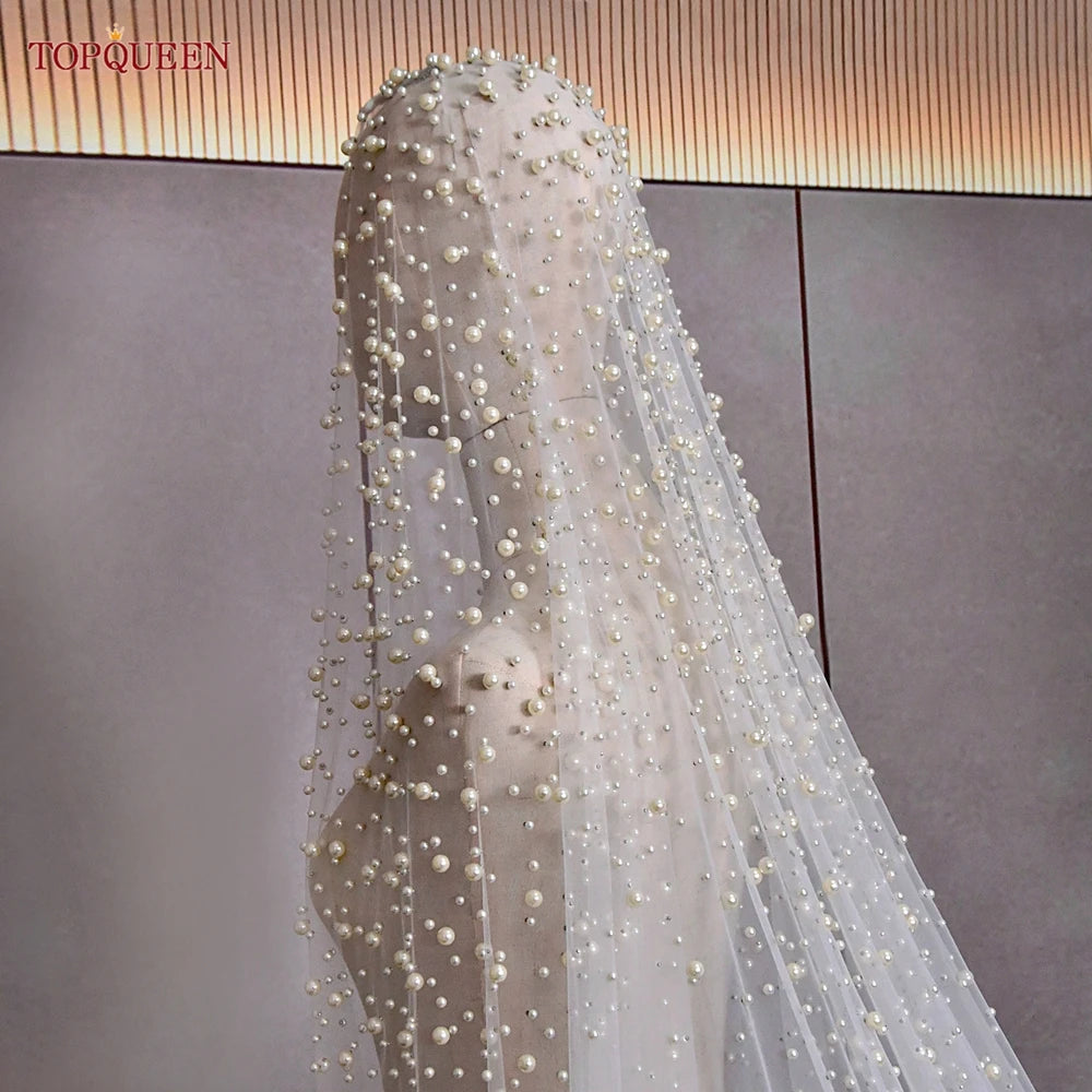 TOPQUEEN V139A Luxurious Wedding Veil with Pearls 5 Meter Long Bridal Veils Delicate Beaded Cathedral Length Veil Customizable