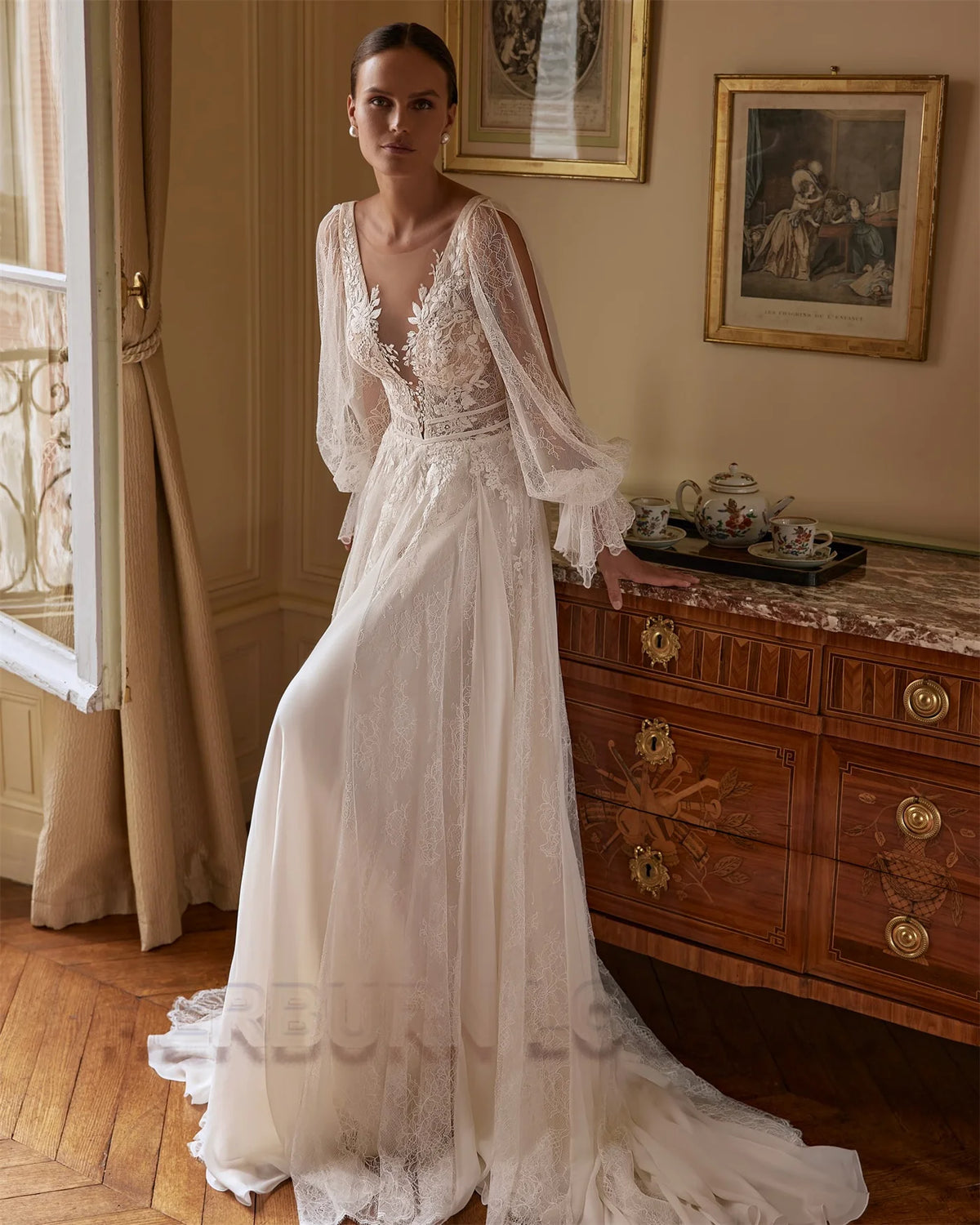 HERBURN Charming A-line Wedding Dresses for Women Bride Lace Appliques Illusion Puff Sleeves Backless Robe De Mariee Customized