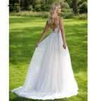 ZapDress Bohemian Spaghetti Straps A-Line Wedding Dress Lace Appliques V-Neck Tulle Open Back Bridal Dress Customized