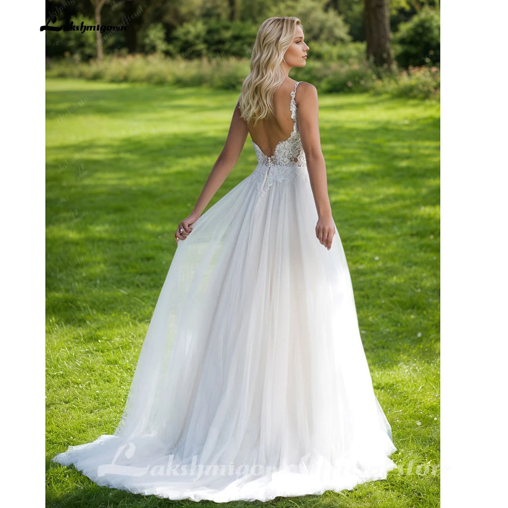 ZapDress Bohemian Spaghetti Straps A-Line Wedding Dress Lace Appliques V-Neck Tulle Open Back Bridal Dress Customized