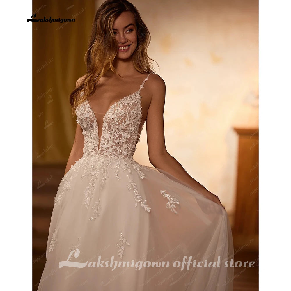 ZapDress V Neck Spaghetti Straps Beach Wedding Dresses For Women 2026 Beads Lace Shinny Boho Bridal Party Gown Customized