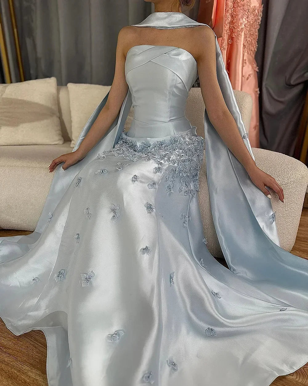 Zapdress Baby Blue Satin Mermaid Dubai Evening Dress Appliques Formal Party Gowns for Women DLA72483A Customized (ZD17354)