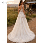 Deep V Lace Strap Boho Wedding Dress Floral Applique Bridal Gowns Glitter Tulle A Line Chapel Train Wedding Gowns Customized