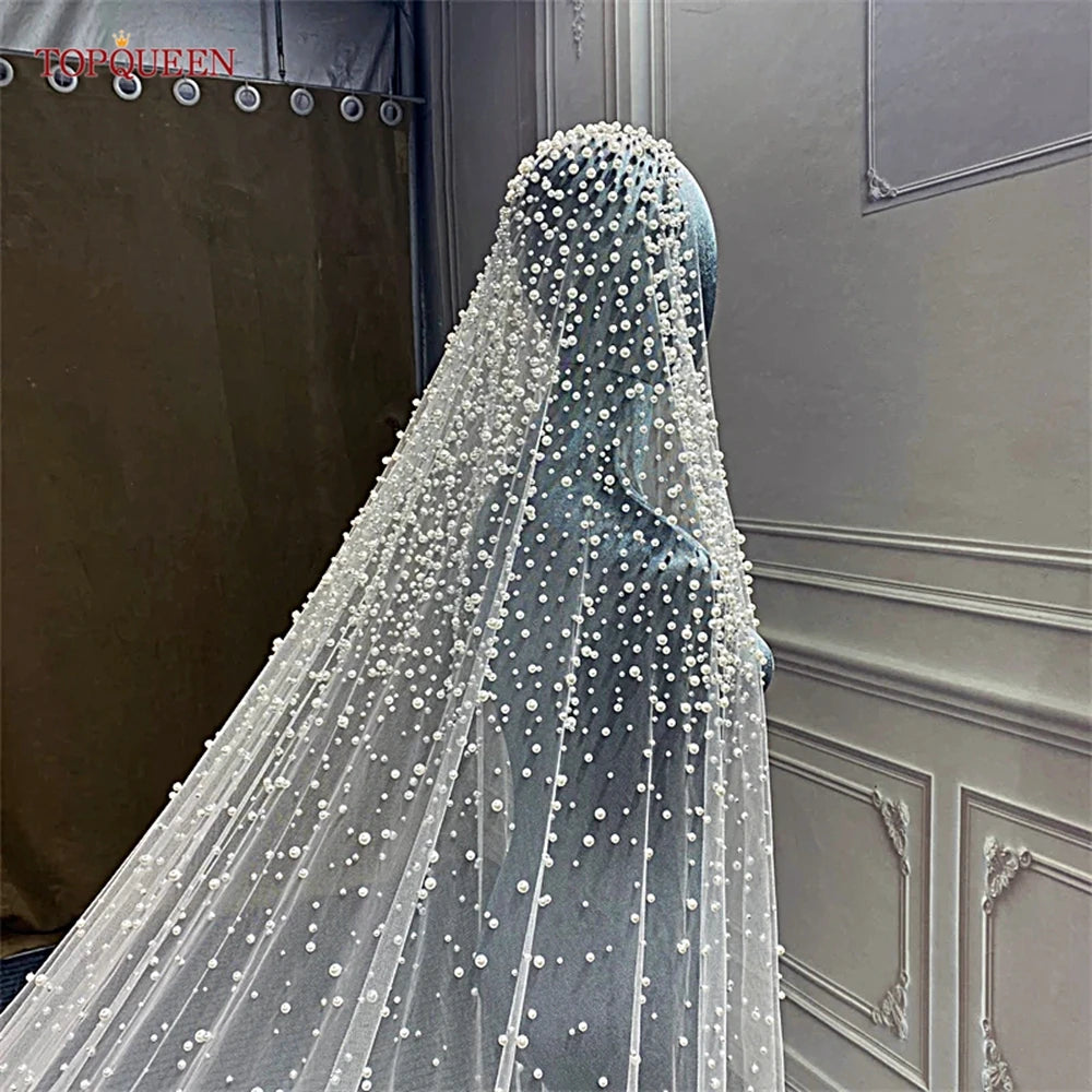 TOPQUEEN V139A Luxurious Wedding Veil with Pearls 5 Meter Long Bridal Veils Delicate Beaded Cathedral Length Veil Customizable