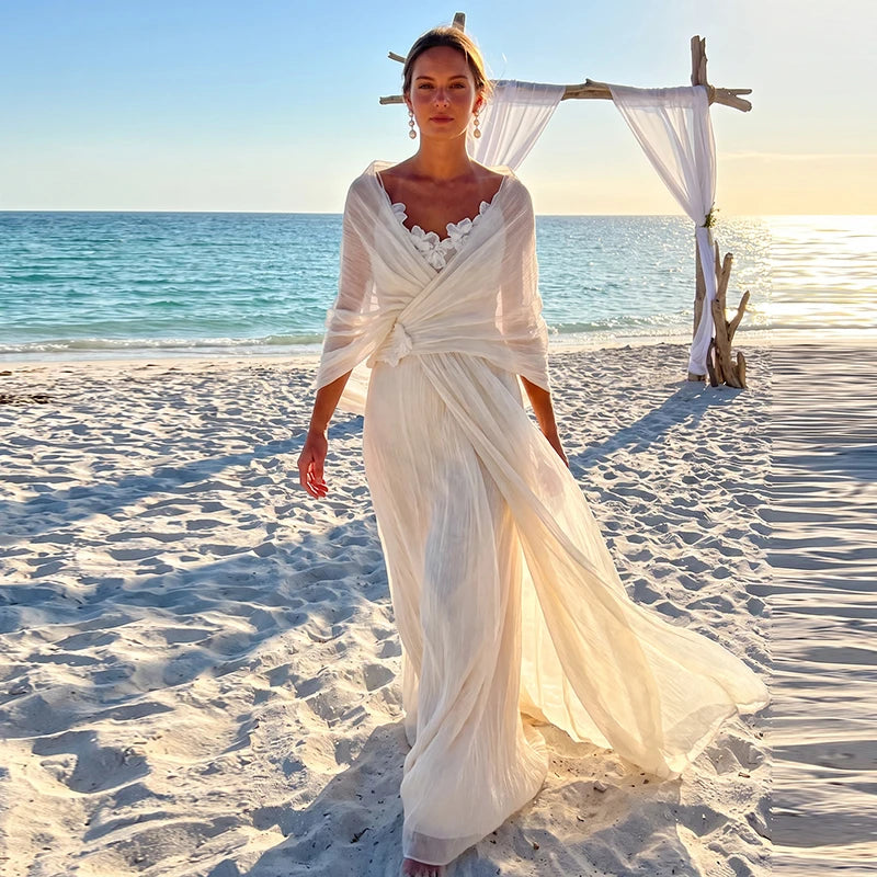 Grecian Boho Wedding Dress V‑Neck Batwing Sleeve Draped Ruched A‑Line Bridal Gown Sweep Train For Outdoor Garden Wedding
