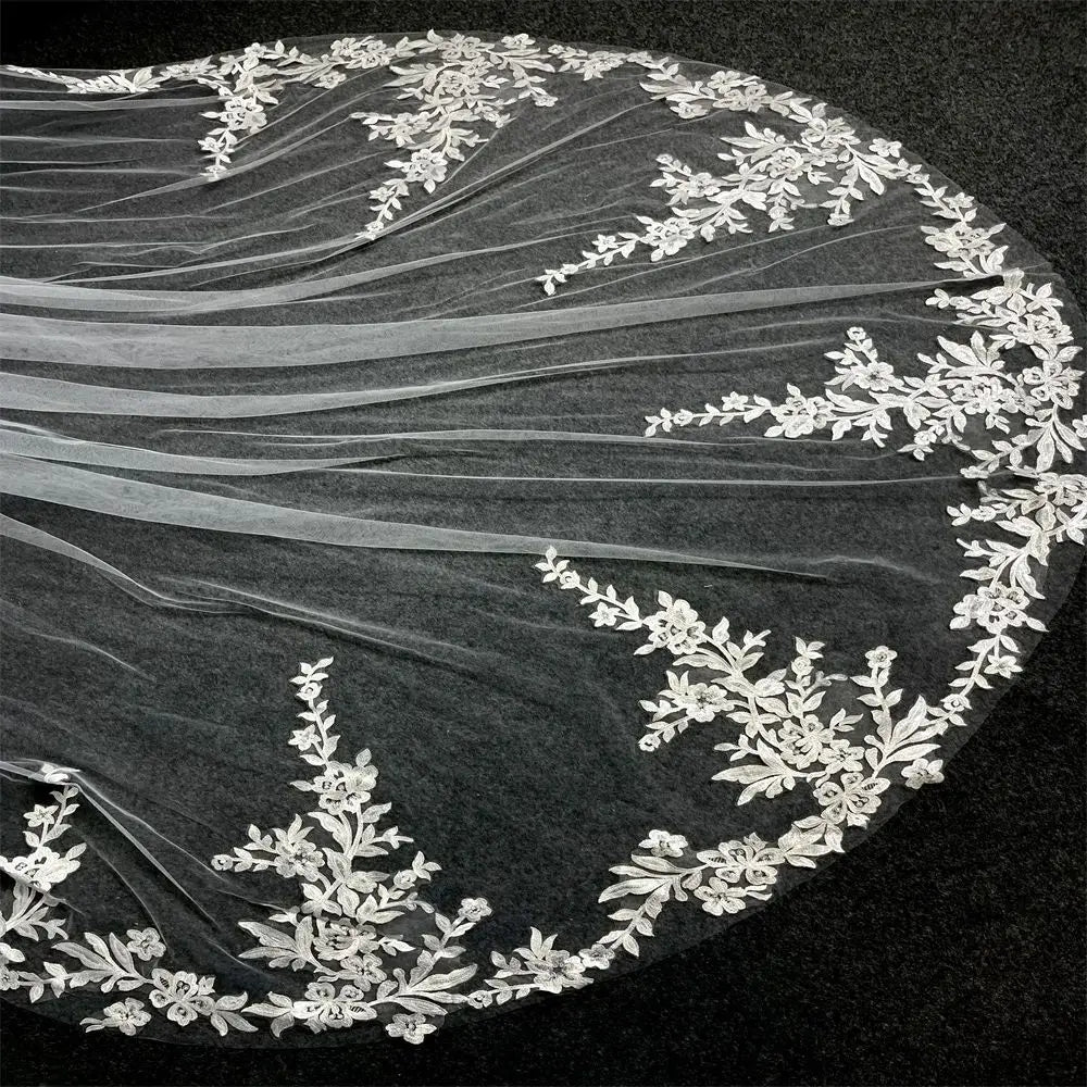 Real Photos Long Lace Appliques Wedding Veil White Ivory Cathedral 1 Layer Bridal Veil 3Meters Bride Veil