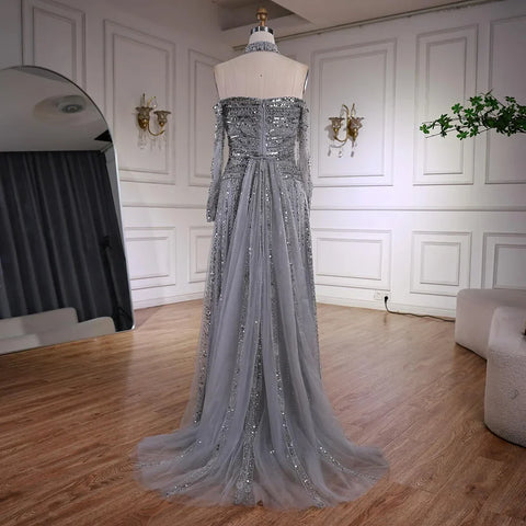 Luxury Caramel Off Shoulder Beaded Mermaid Evening Dress Long Sleeves LA73053