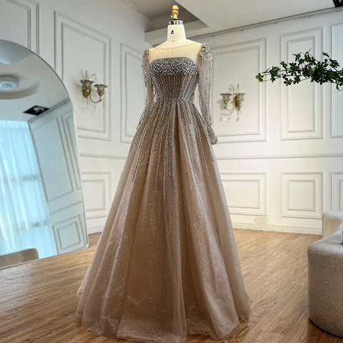 Luxury Caramel Sparkly A-Line Evening Dress with Long Sleeves LA72991