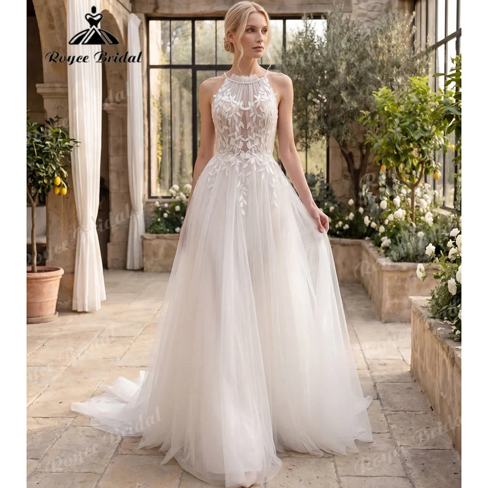 2027 Roycebridal Halter Neck Leaf Lace A Line Wedding Dress Keyhole Open Back Tied Soft Tulle Vestido De Novia Customized