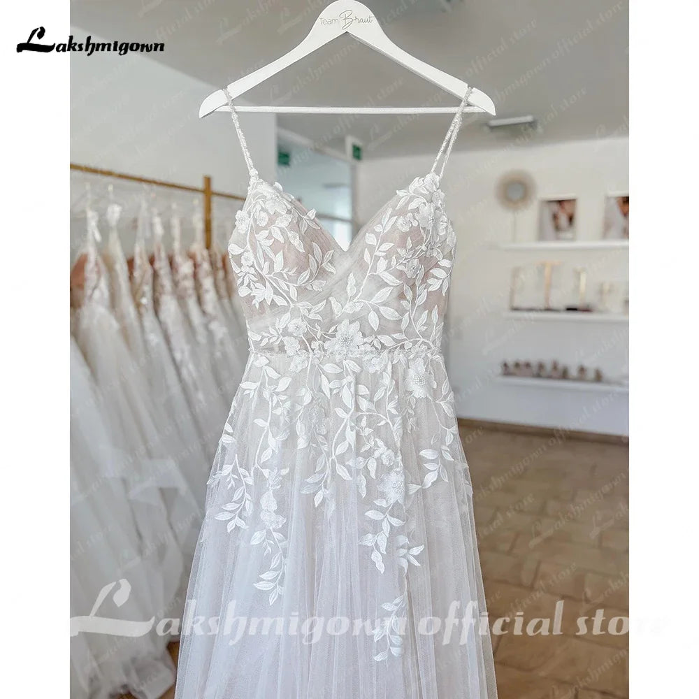 ZapDress Summer Split Side Lace Appliques V Neck Wedding Dress for Women Spaghetti Straps Bridal Gown Abito Da Sposa