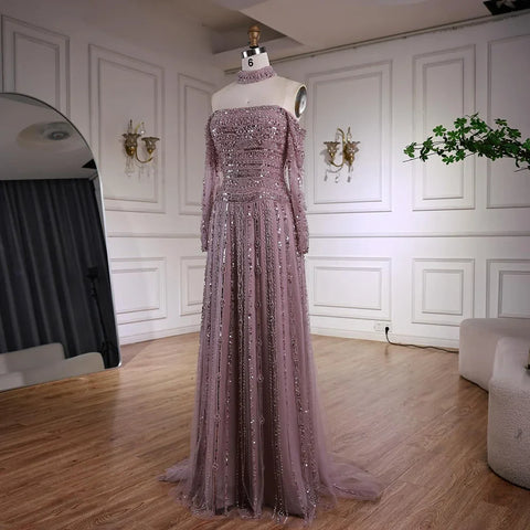 Luxury Caramel Off Shoulder Beaded Mermaid Evening Dress Long Sleeves LA73053